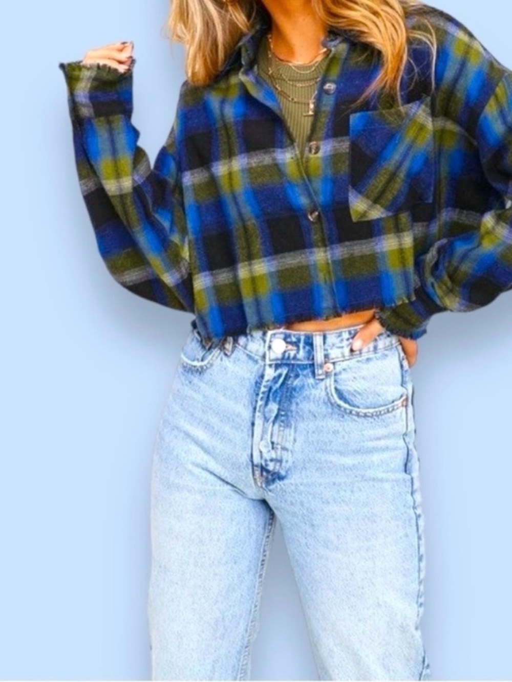 Mimosa Plaid Cropped Flannel Shirt NWT • Blue Green Oversized Button Down • Sz M - Picture 10 of 10